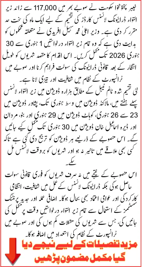 Khyber Pakhtunkhwa Sets 30 January 2026 Deadline For Clearance Of Pending Driving Licence Cards